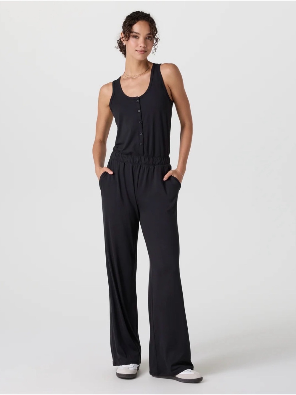 Vuori Lux Shores Black Button-Front Wide-Leg Jumpsuit
